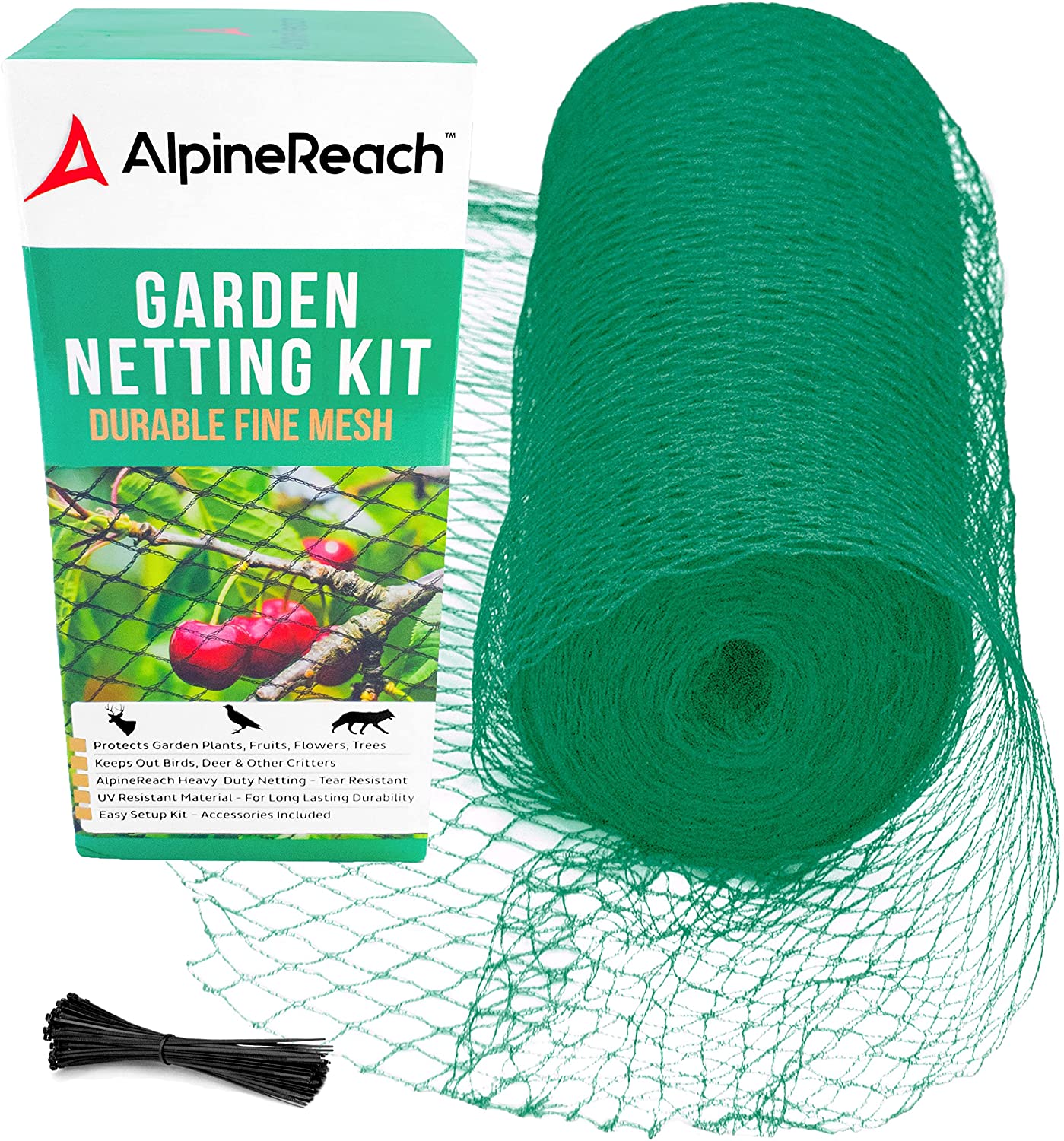 AlpineReach Garden Netting 7.5 x 65 ft Heavy Duty Bird Net, Deer, Plant Protection Extra Strong Woven Mesh, Reusable Kit with Zip Ties, Animal