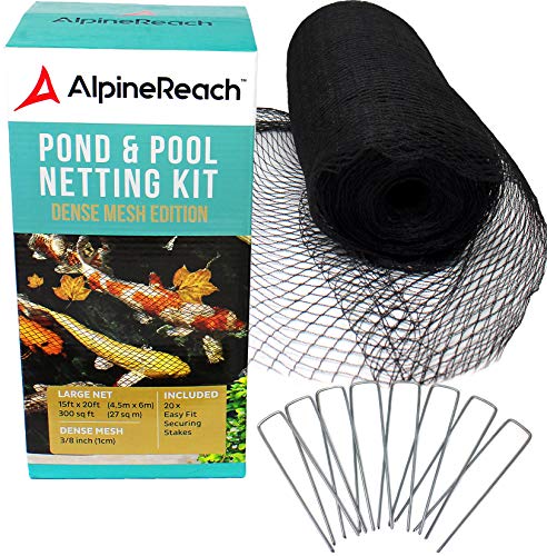 AlpineReach Pond Netting Kit 15 x 20 Feet & 20 Steel Staples - Woven Fine Mesh Heavy Duty Stretch Net Cover for Leaves - Protects Koi Fish from Blue