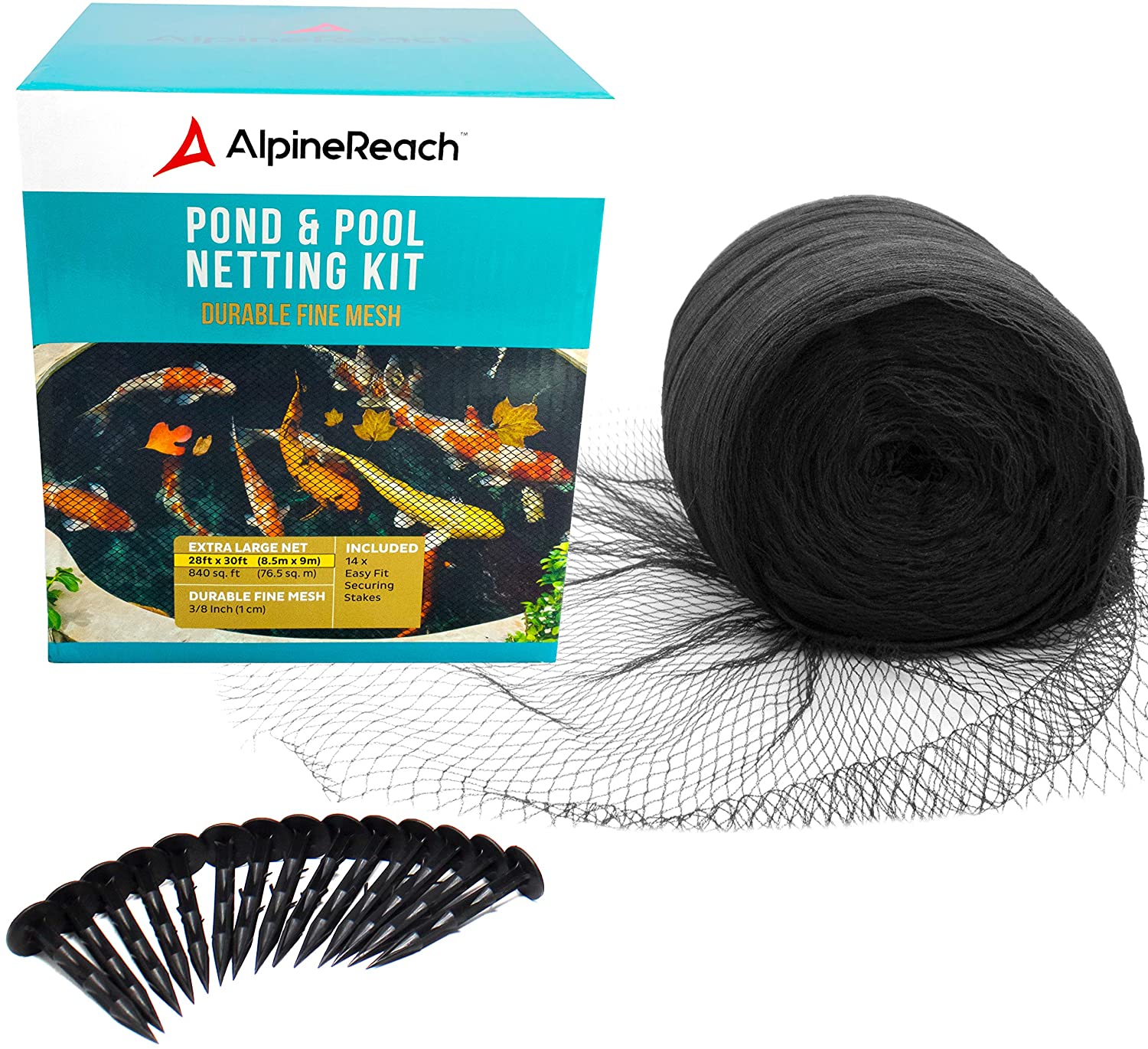 AlpineReach Koi Pond Netting Kit 28 x 30 ft Black Heavy Duty Woven Fine Mesh Net Cover for Leaves - Protects Koi Fish from Blue
