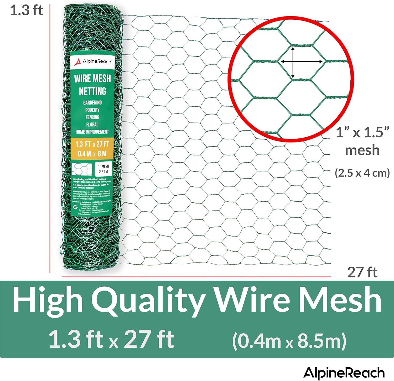 AlpineReach Chicken Wire 1.3ft x 27ft, Green - AlpineReach