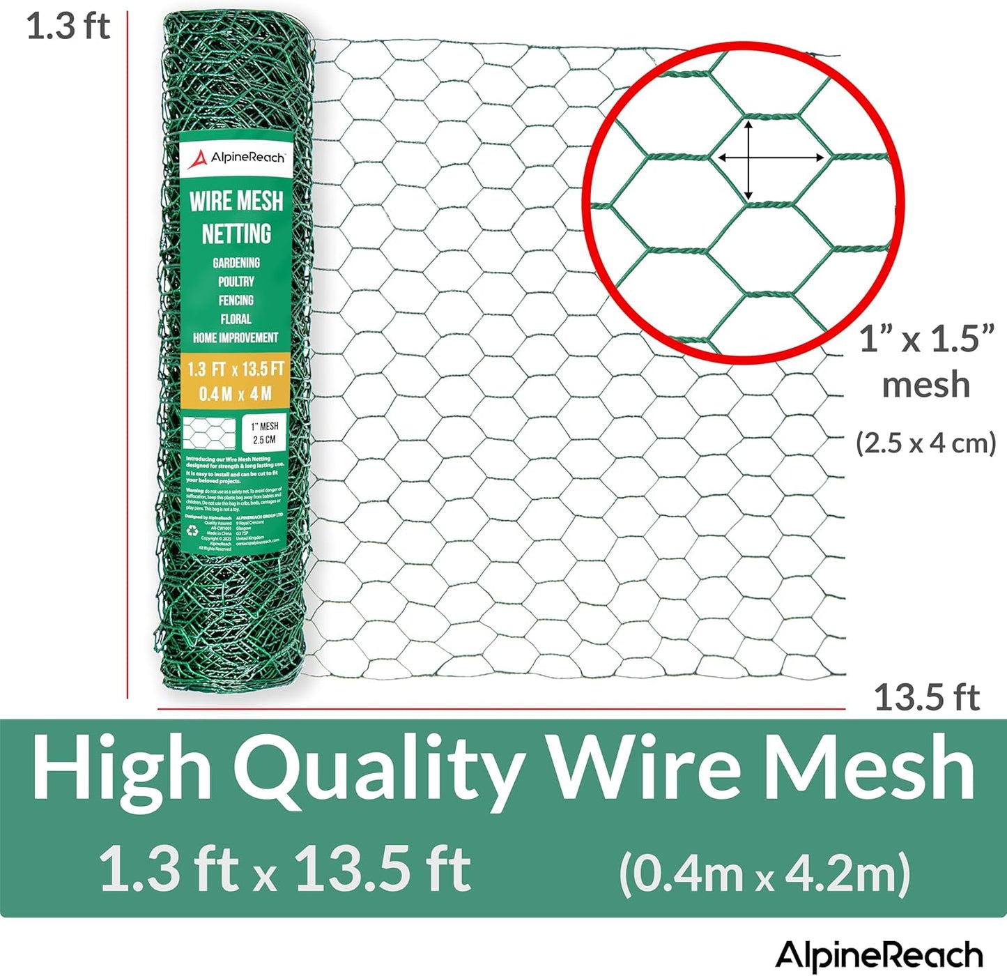 AlpineReach Chicken Wire 1.3ft x 13.5ft, Green - AlpineReach