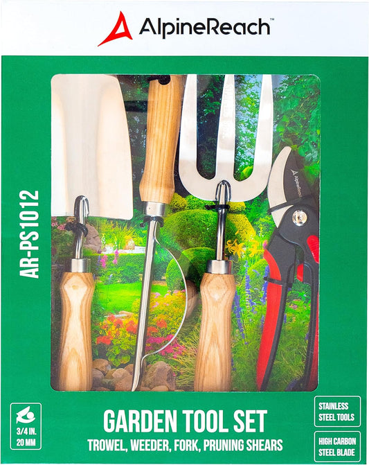 AlpineReach Garden Tool Set - Premium 4 Piece Kit for Gardening, Bypass Pruning Shears, Trowel, Fork, Weeder - AlpineReach