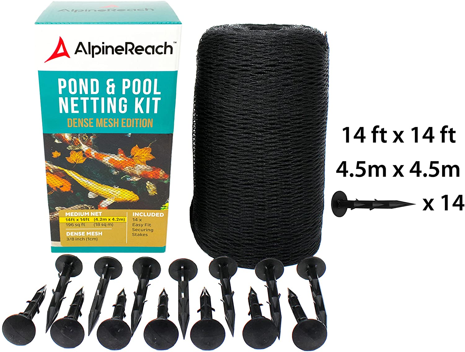 AlpineReach Koi Pond Netting Kit 14 x 14 ft Black Heavy Duty Woven Fine Mesh Net Cover for Leaves - Protects Koi Fish from Blue